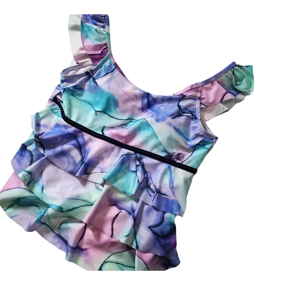 Justice Girls Purple Blue Marble Swirl Ruffle Tankini Swimsuit Set XL 16/18